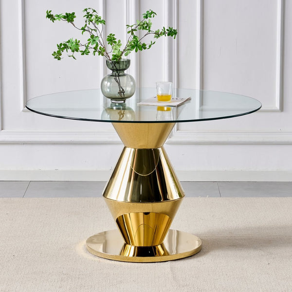 English Elm 47.25 Inch Round Tempered Glass Dining Table Gold Hourglass Base Seats Six W3357S00006
