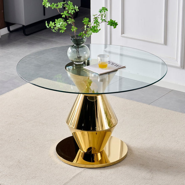 English Elm 47.25 Inch Round Tempered Glass Dining Table Gold Hourglass Base Seats Six W3357S00006