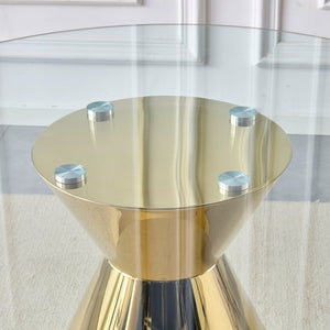 English Elm 47.25 Inch Round Tempered Glass Dining Table Gold Hourglass Base Seats Six W3357S00006