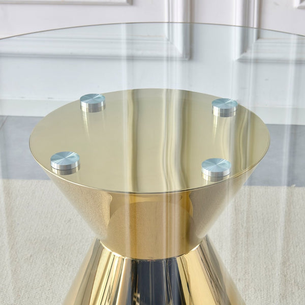 English Elm 47.25 Inch Round Tempered Glass Dining Table Gold Hourglass Base Seats Six W3357S00006