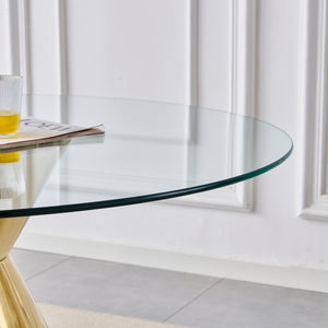 English Elm 47.25 Inch Round Tempered Glass Dining Table Gold Hourglass Base Seats Six W3357S00006
