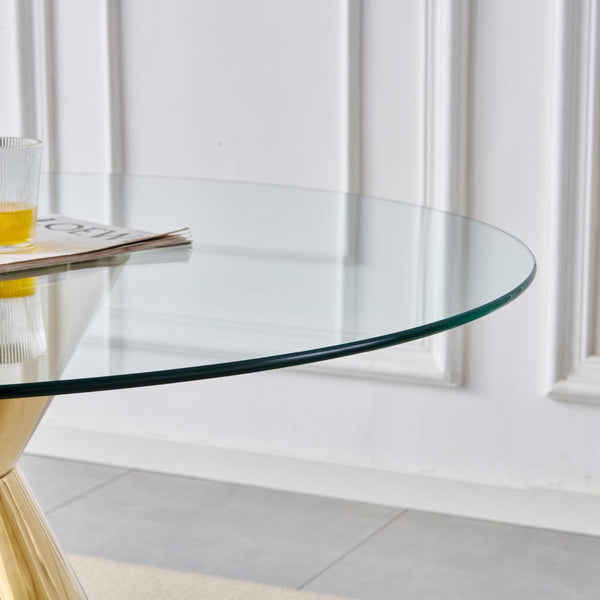English Elm 47.25 Inch Round Tempered Glass Dining Table Gold Hourglass Base Seats Six W3357S00006