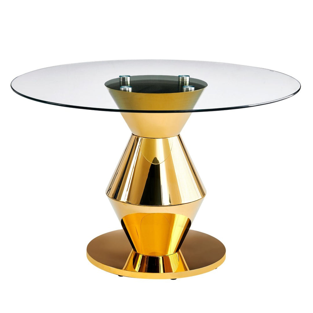 English Elm 47.25 Inch Round Tempered Glass Dining Table Gold Hourglass Base Seats Six W3357S00006