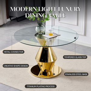 English Elm 47.25 Inch Round Tempered Glass Dining Table Gold Hourglass Base Seats Six W3357S00006