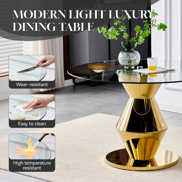 English Elm 47.25 Inch Round Tempered Glass Dining Table Gold Hourglass Base Seats Six W3357S00006