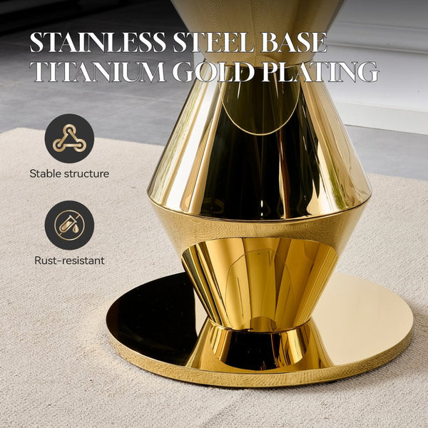 English Elm 47.25 Inch Round Tempered Glass Dining Table Gold Hourglass Base Seats Six W3357S00006