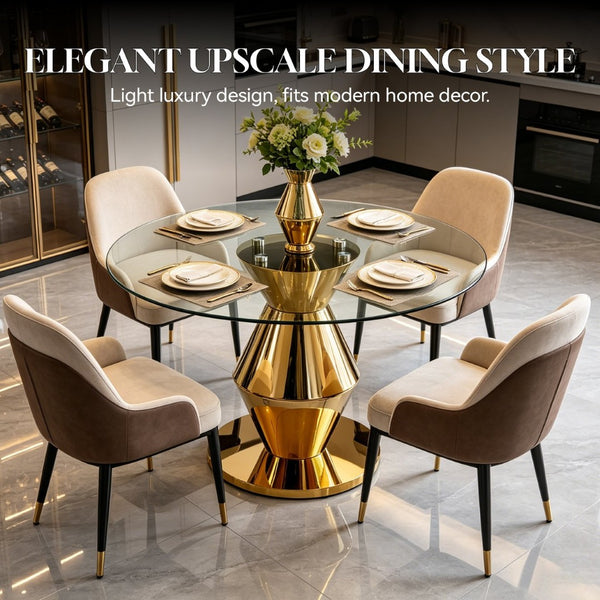 English Elm 47.25 Inch Round Tempered Glass Dining Table Gold Hourglass Base Seats Six W3357S00006