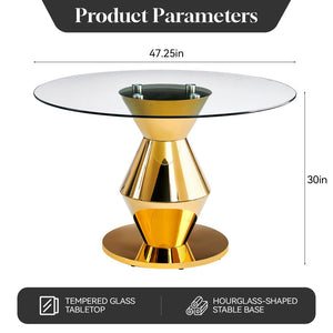 English Elm 47.25 Inch Round Tempered Glass Dining Table Gold Hourglass Base Seats Six W3357S00006
