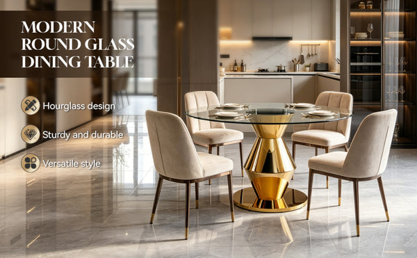 English Elm 47.25 Inch Round Tempered Glass Dining Table Gold Hourglass Base Seats Six W3357S00006
