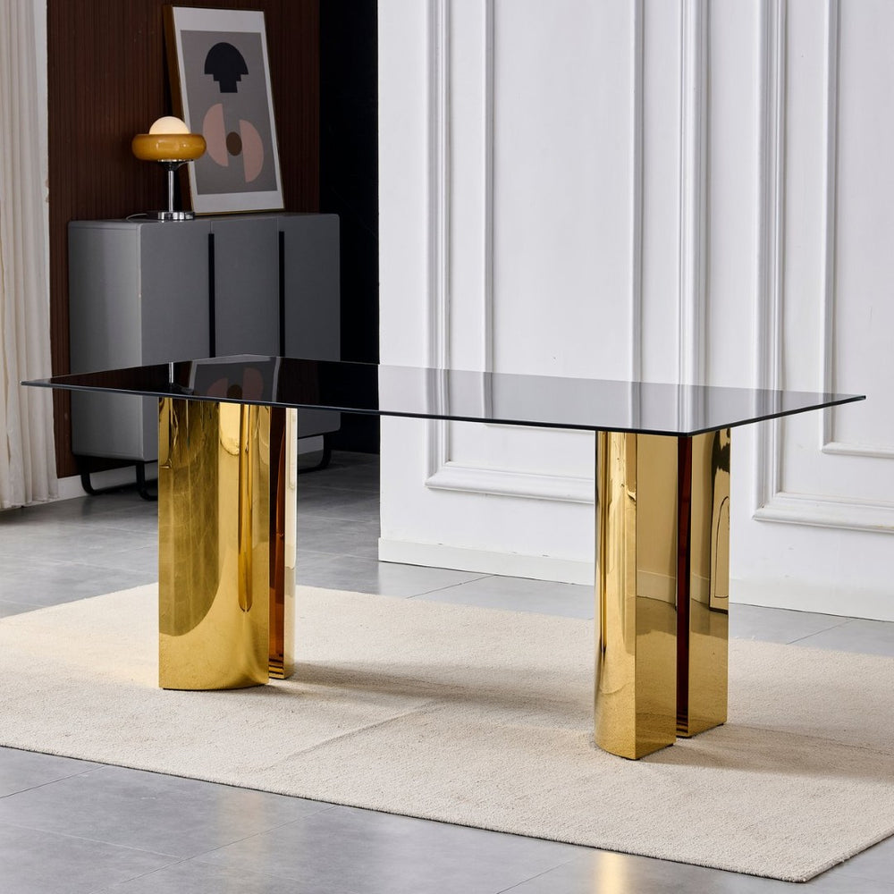 English Elm 70.00 Inch Black Tempered Glass Dining Table with Gold Mirror Steel Base Seats Six W3357S00007