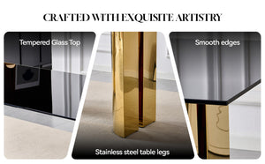 English Elm 70.00 Inch Black Tempered Glass Dining Table with Gold Mirror Steel Base Seats Six W3357S00007