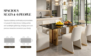English Elm 70.00 Inch Black Tempered Glass Dining Table with Gold Mirror Steel Base Seats Six W3357S00007