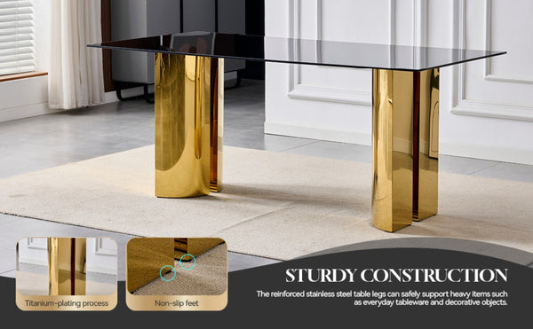 English Elm 70.00 Inch Black Tempered Glass Dining Table with Gold Mirror Steel Base Seats Six W3357S00007