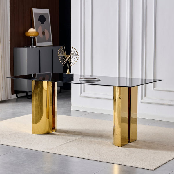 English Elm 70.00 Inch Black Tempered Glass Dining Table with Gold Mirror Steel Base Seats Six W3357S00007