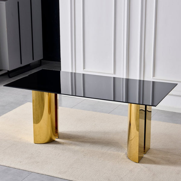 English Elm 70.00 Inch Black Tempered Glass Dining Table with Gold Mirror Steel Base Seats Six W3357S00007