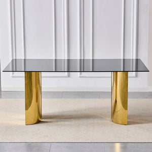 English Elm 70.00 Inch Black Tempered Glass Dining Table with Gold Mirror Steel Base Seats Six W3357S00007