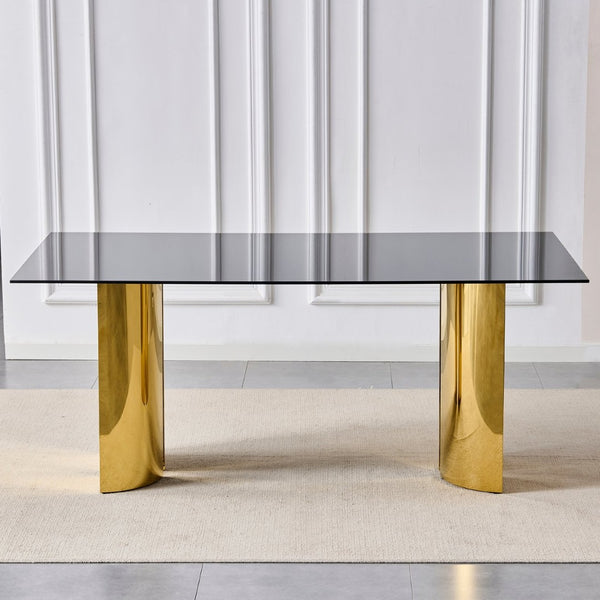 English Elm 70.00 Inch Black Tempered Glass Dining Table with Gold Mirror Steel Base Seats Six W3357S00007