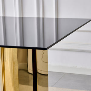English Elm 70.00 Inch Black Tempered Glass Dining Table with Gold Mirror Steel Base Seats Six W3357S00007