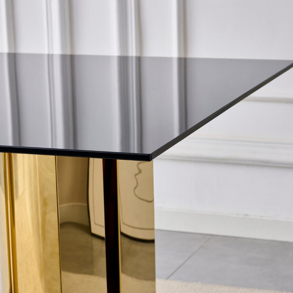 English Elm 70.00 Inch Black Tempered Glass Dining Table with Gold Mirror Steel Base Seats Six W3357S00007