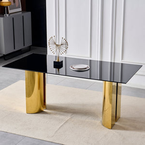 English Elm 70.00 Inch Black Tempered Glass Dining Table with Gold Mirror Steel Base Seats Six W3357S00007