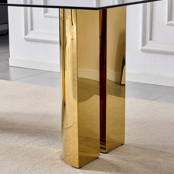 English Elm 70.00 Inch Black Tempered Glass Dining Table with Gold Mirror Steel Base Seats Six W3357S00007