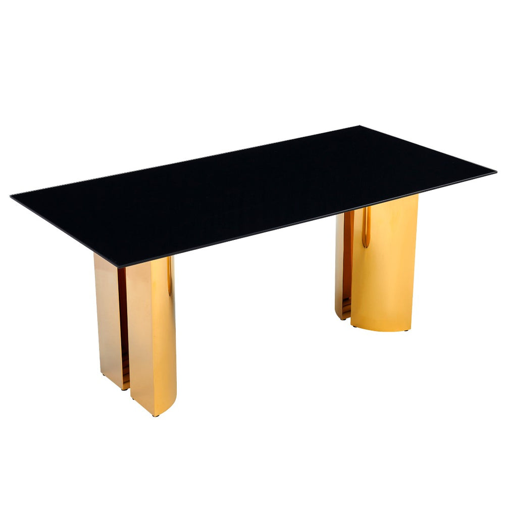 English Elm 70.00 Inch Black Tempered Glass Dining Table with Gold Mirror Steel Base Seats Six W3357S00007