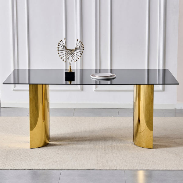 English Elm 70.00 Inch Black Tempered Glass Dining Table with Gold Mirror Steel Base Seats Six W3357S00007
