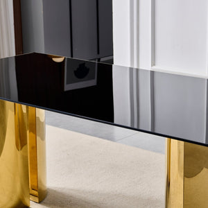 English Elm 70.00 Inch Black Tempered Glass Dining Table with Gold Mirror Steel Base Seats Six W3357S00007