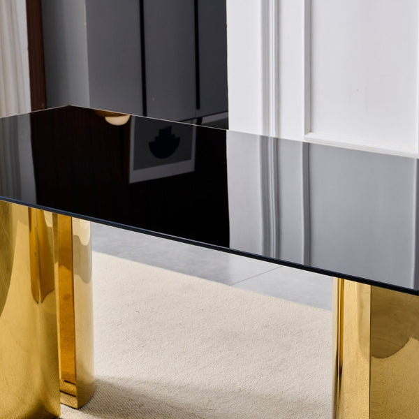 English Elm 70.00 Inch Black Tempered Glass Dining Table with Gold Mirror Steel Base Seats Six W3357S00007