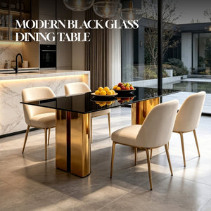 English Elm 70.00 Inch Black Tempered Glass Dining Table with Gold Mirror Steel Base Seats Six W3357S00007