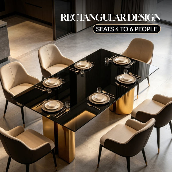 English Elm 70.00 Inch Black Tempered Glass Dining Table with Gold Mirror Steel Base Seats Six W3357S00007
