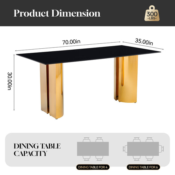 English Elm 70.00 Inch Black Tempered Glass Dining Table with Gold Mirror Steel Base Seats Six W3357S00007