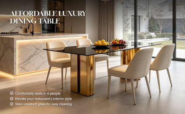 English Elm 70.00 Inch Black Tempered Glass Dining Table with Gold Mirror Steel Base Seats Six W3357S00007