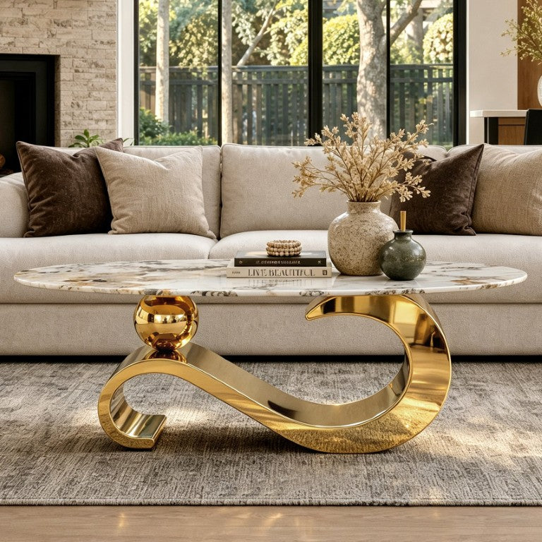 English Elm 51.20 Inch Oval Faux Marble Top Coffee Table with Polished Gold Steel Base Glam Modern W3357S00008
