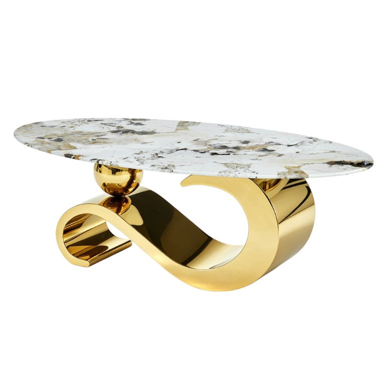 English Elm 51.20 Inch Oval Faux Marble Top Coffee Table with Polished Gold Steel Base Glam Modern W3357S00008