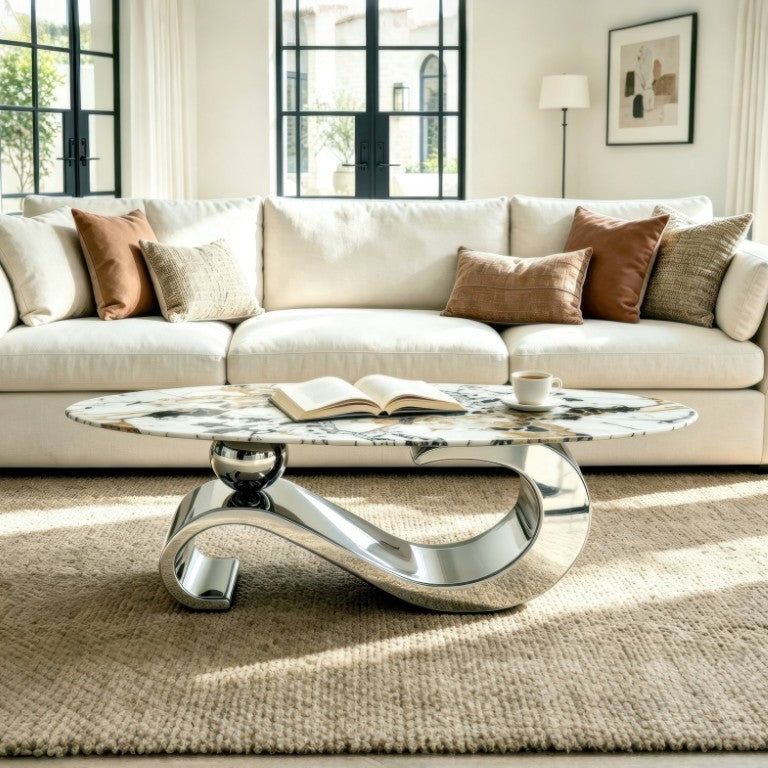 English Elm 51.20 Inch Oval Faux Marble Top Coffee Table with Polished Steel Base for Living Room W3357S00009