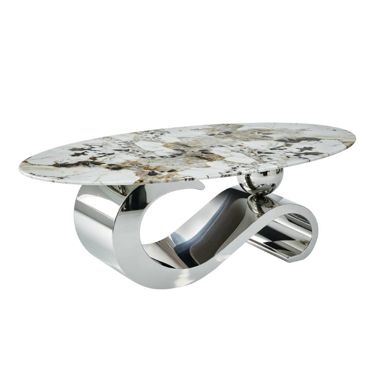 English Elm 51.20 Inch Oval Faux Marble Top Coffee Table with Polished Steel Base for Living Room W3357S00009