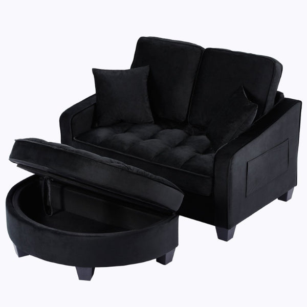 English Elm Two‑seater Velvet Sofa with Storage Ottoman Convertible Daybed for Modern Living Rooms Black W3371S00060