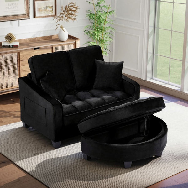 English Elm Two‑seater Velvet Sofa with Storage Ottoman Convertible Daybed for Modern Living Rooms Black W3371S00060