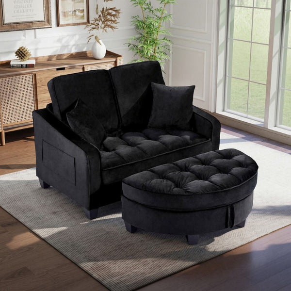 English Elm Two‑seater Velvet Sofa with Storage Ottoman Convertible Daybed for Modern Living Rooms Black W3371S00060