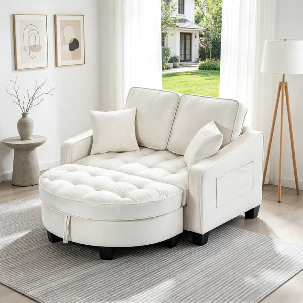 English Elm Two‑seater Velvet Sofa with Storage Ottoman Convertible Daybed for Modern Living Rooms Beige W3371S00061