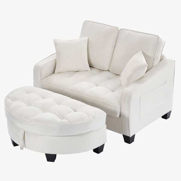 English Elm Two‑seater Velvet Sofa with Storage Ottoman Convertible Daybed for Modern Living Rooms Beige W3371S00061