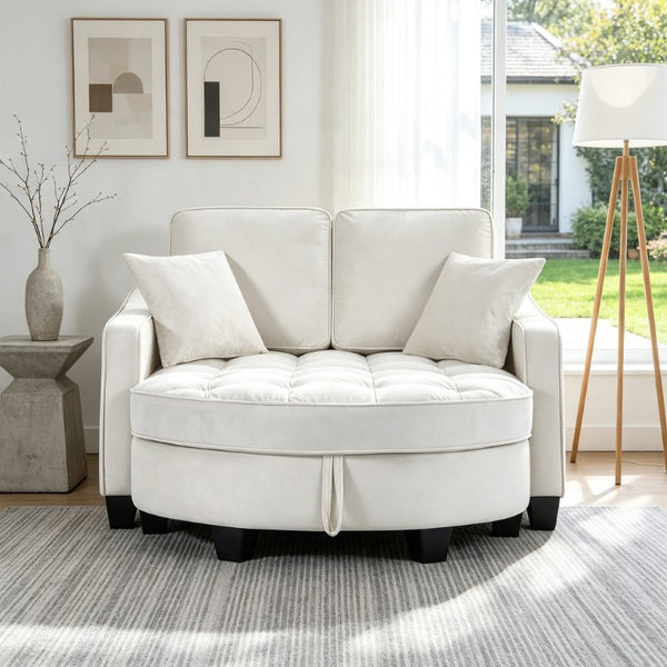 English Elm Two‑seater Velvet Sofa with Storage Ottoman Convertible Daybed for Modern Living Rooms Beige W3371S00061
