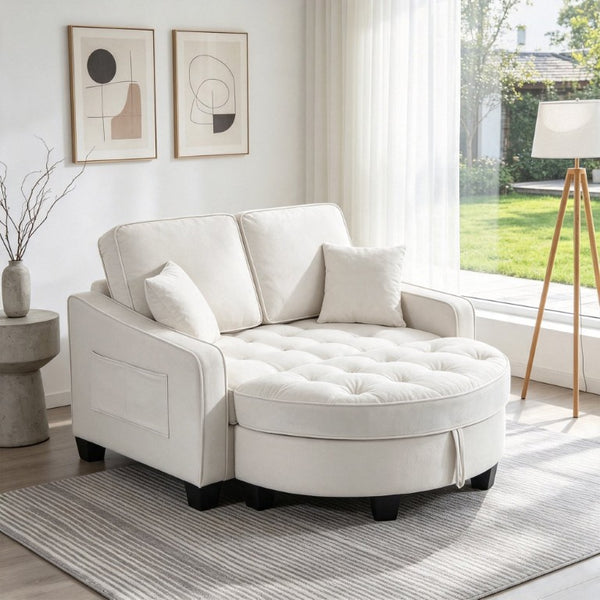 English Elm Two‑seater Velvet Sofa with Storage Ottoman Convertible Daybed for Modern Living Rooms Beige W3371S00061