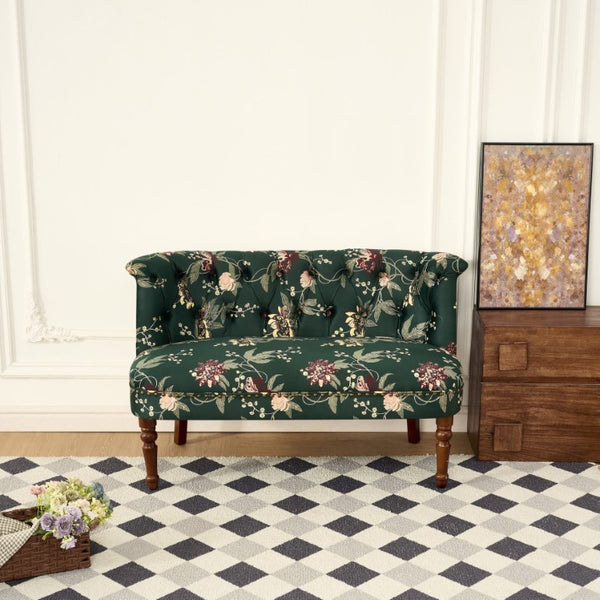 English Elm Sofa Chair Button Tufted Floral Accent Seat with Solid Wood Legs for Bedroom Decor Green W3373P547884