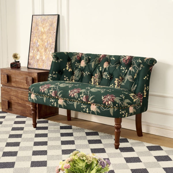 English Elm Sofa Chair Button Tufted Floral Accent Seat with Solid Wood Legs for Bedroom Decor Green W3373P547884