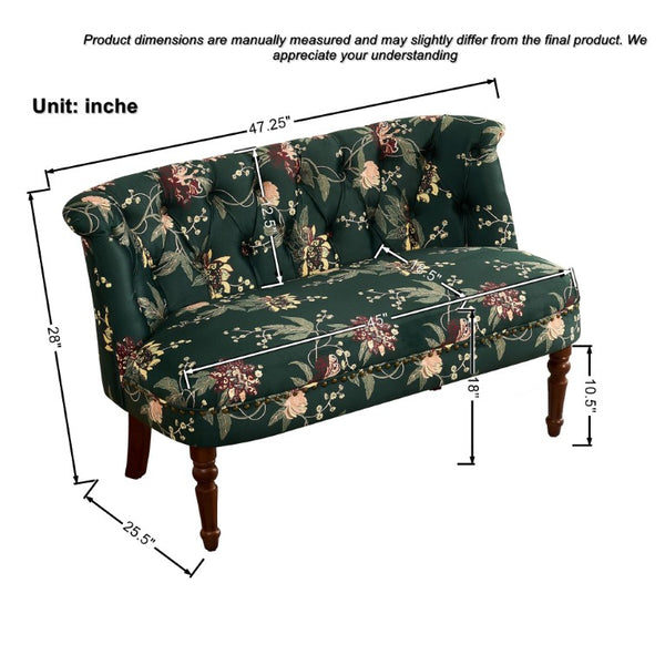 English Elm Sofa Chair Button Tufted Floral Accent Seat with Solid Wood Legs for Bedroom Decor Green W3373P547884