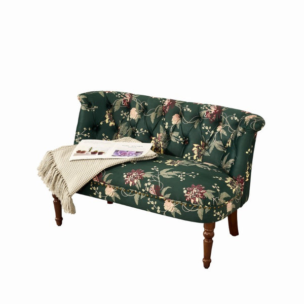 English Elm Sofa Chair Button Tufted Floral Accent Seat with Solid Wood Legs for Bedroom Decor Green W3373P547884