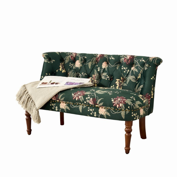 English Elm Sofa Chair Button Tufted Floral Accent Seat with Solid Wood Legs for Bedroom Decor Green W3373P547884