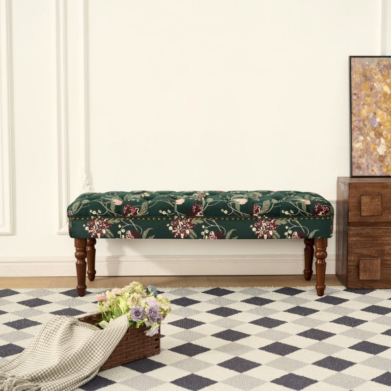 English Elm European Floral Tufted Upholstered Bench with Turned Legs for Bedroom Decor Green W3373P547893